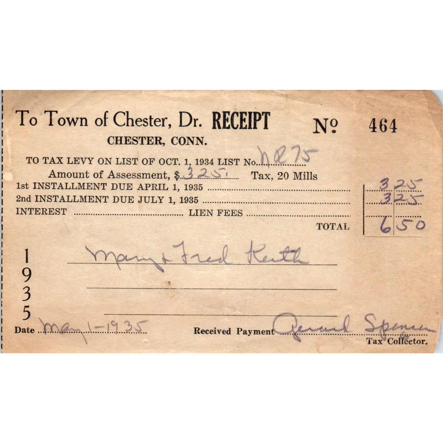 1934 Tax Levy Stub Chester CT Mary & Fred Keith AE7