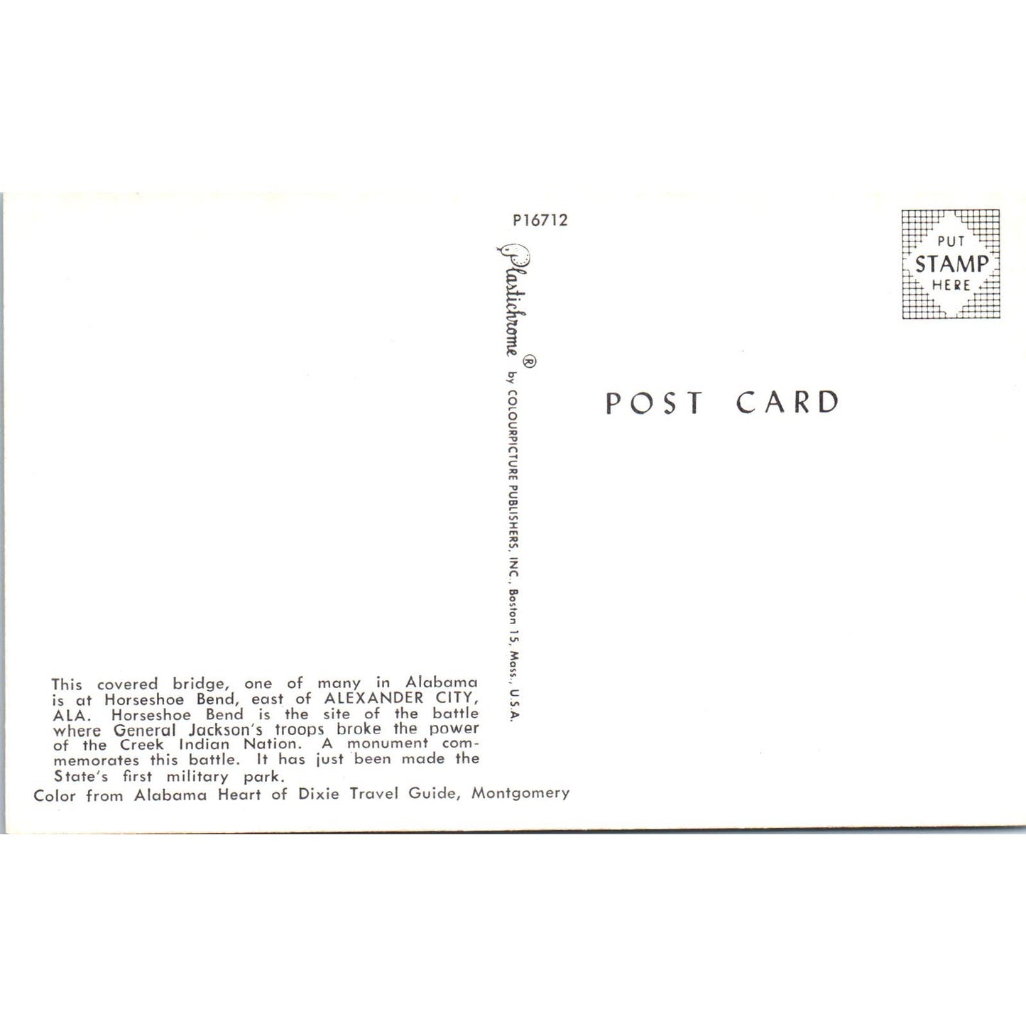 Horseshoe Bend Bridge Alexander City AL Covered Bridge Postcard PB13