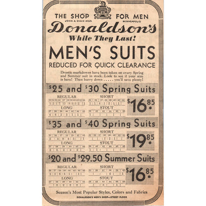 Donaldson's Men's Suits 5x8" 1935 Minneapolis Journal Advertisement D10