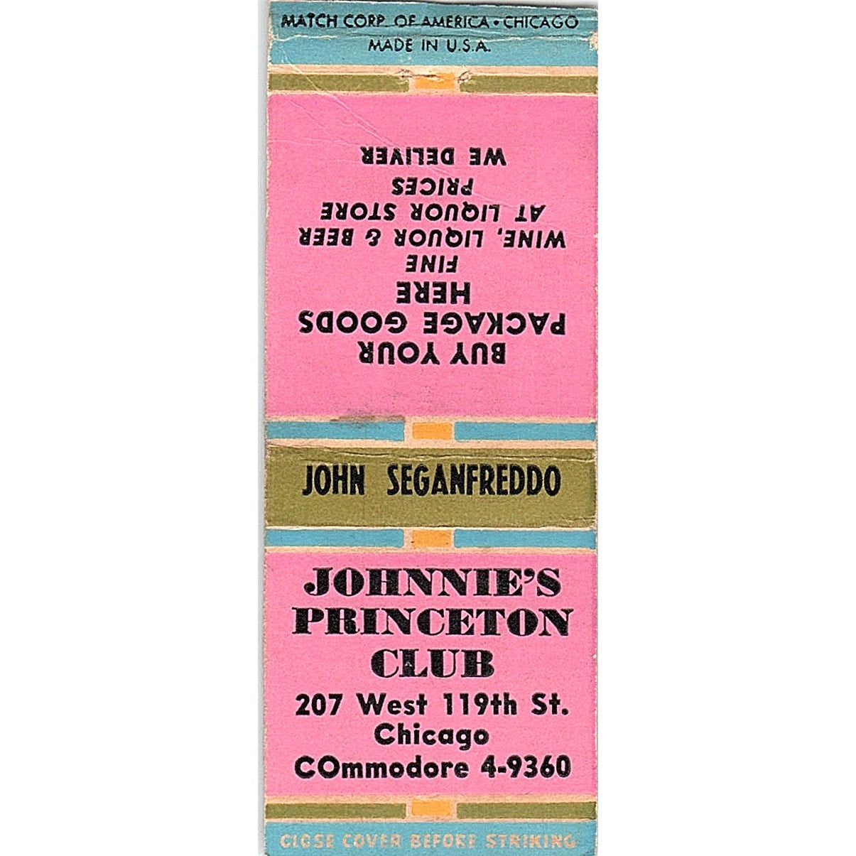 Johnnie's Princeton Club Chicago Vintage Matchbook Cover SF3-Y8