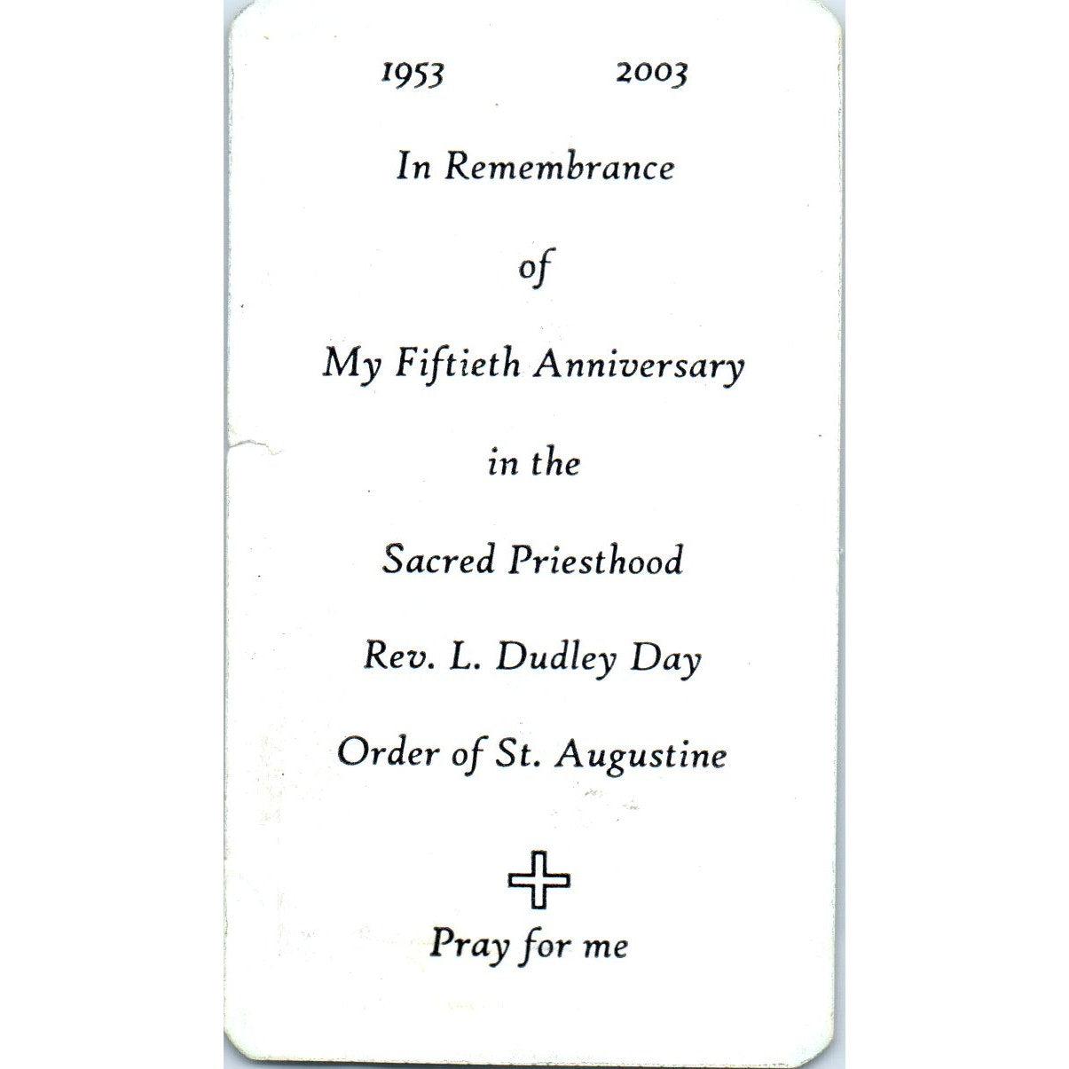 Rev L. Dudley Day Order of St. Augustine 50th Anniversary Vintage Card TH2-PC1