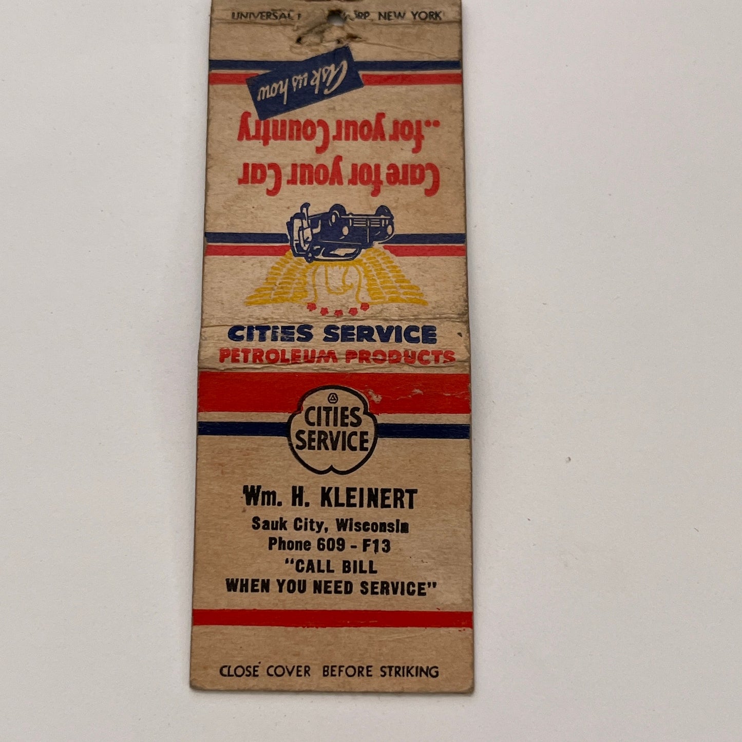 William H Kleinert Cities Service Sauk City WI Vintage Matchbook TB6-MB2-15
