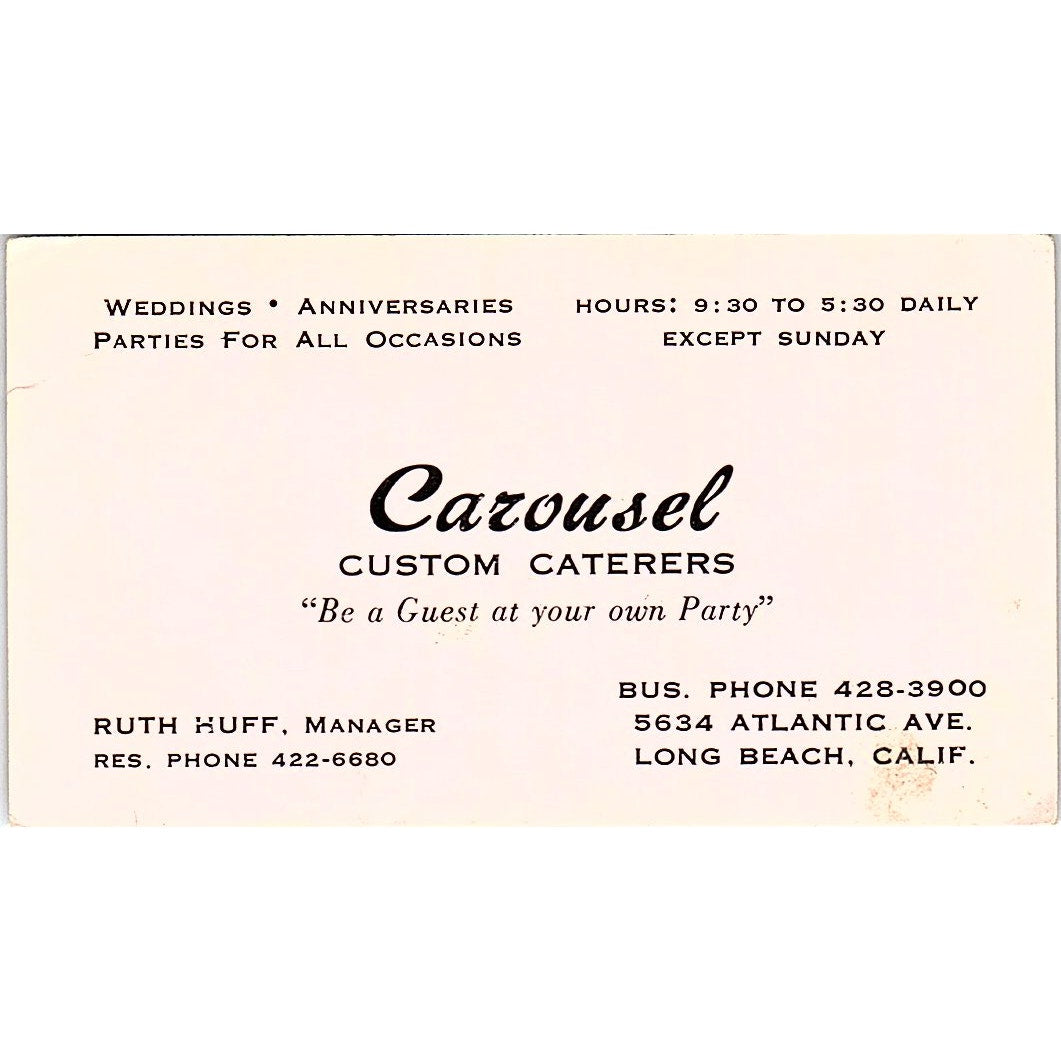 Carousel Custom Caterers Ruth Huff Long Beach Vintage Business Card SD9-B11