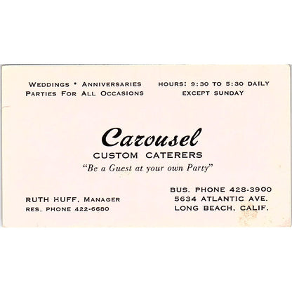 Carousel Custom Caterers Ruth Huff Long Beach Vintage Business Card SD9-B11