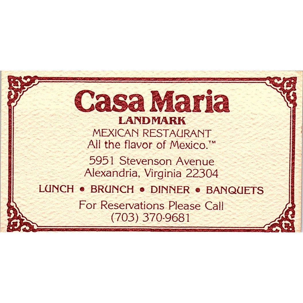 Casa Maria Landmark Mexican Restaurant Alexandria VA Vtg Business Card SD9-B9