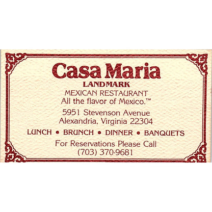 Casa Maria Landmark Mexican Restaurant Alexandria VA Vtg Business Card SD9-B9
