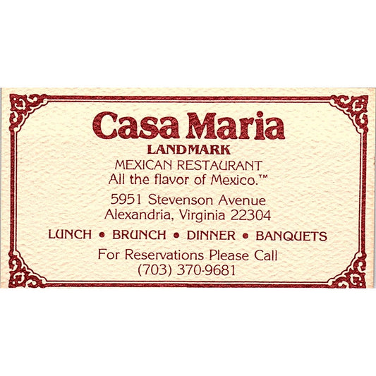 Casa Maria Landmark Mexican Restaurant Alexandria VA Vtg Business Card SD9-B9