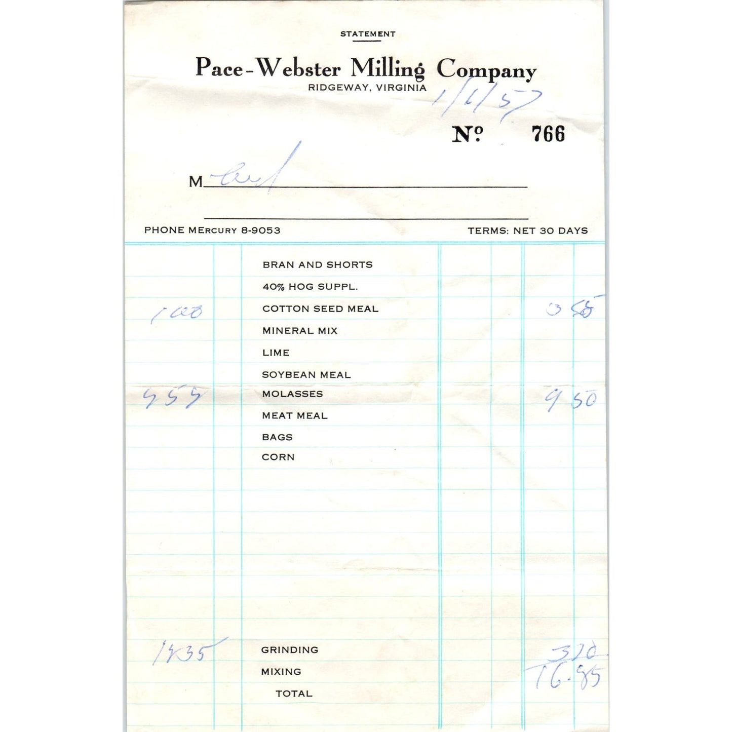 1957 Pace-Webster Milling Company Ridgeway VA Receipt Billhead AF1-RR5