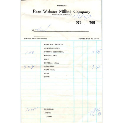 1957 Pace-Webster Milling Company Ridgeway VA Receipt Billhead AF1-RR5