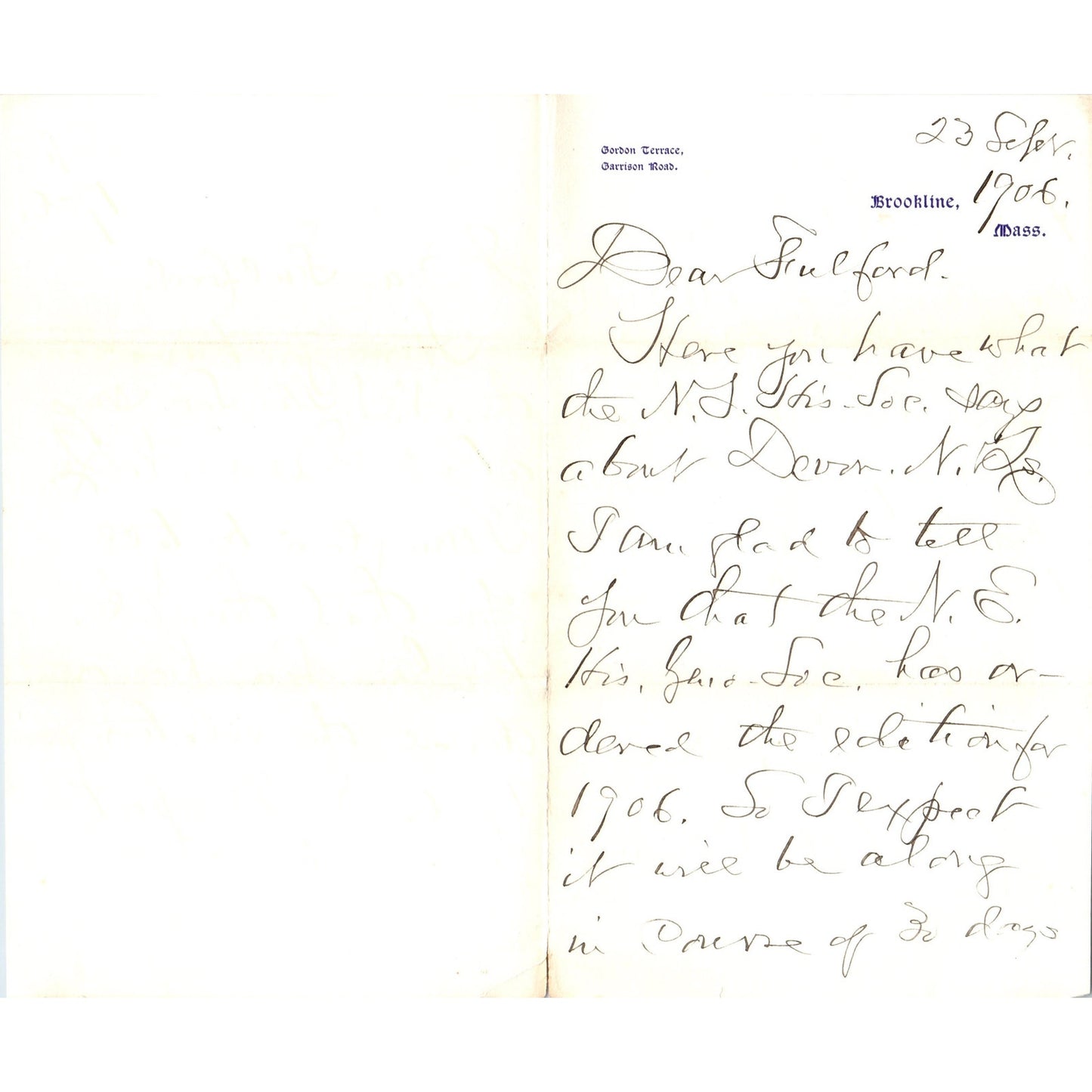 1906 Handwritten Letter Gordon Terrace Brookline MA - A.A. Filson D21