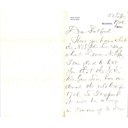 1906 Handwritten Letter Gordon Terrace Brookline MA - A.A. Filson D21