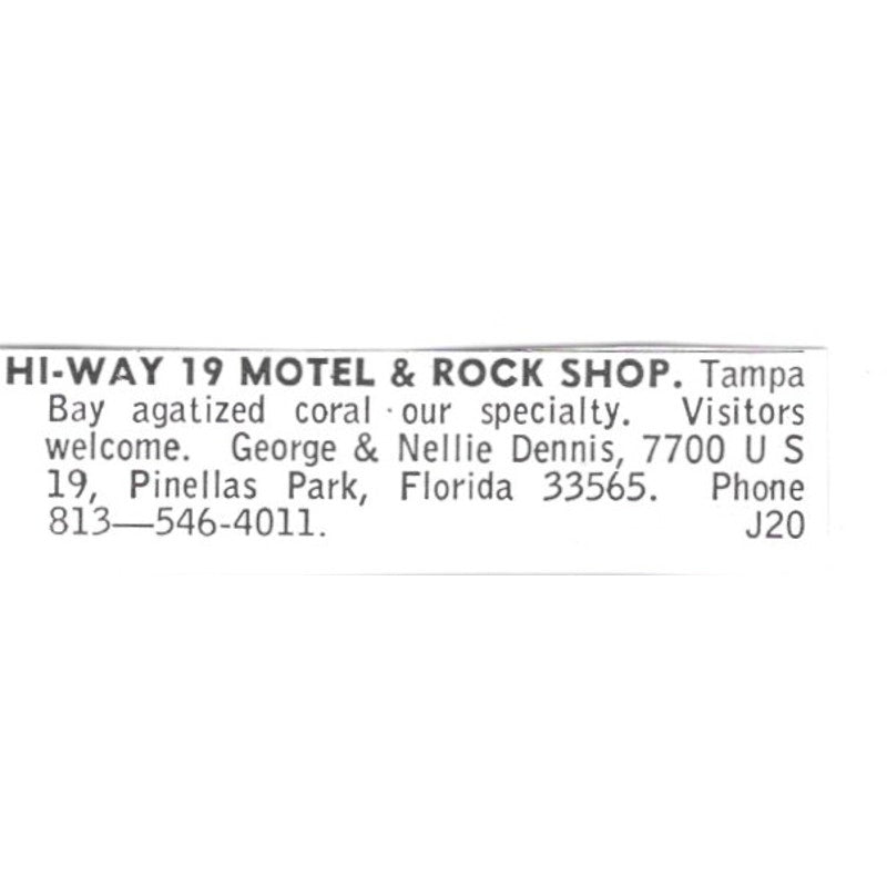 Hi-Way 19 Motel & Rock Shop Pinellas Park George & Nellie Dennis 1972 Ad AF8-S13