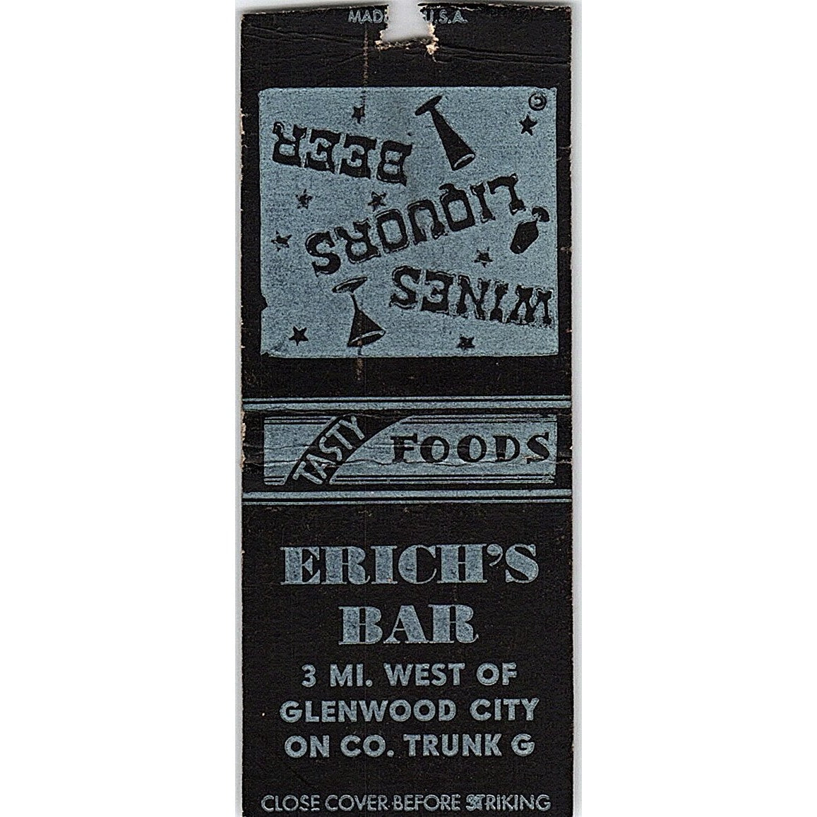 Erich's Bar Glenwood City Vintage Matchbook Cover SC7-Y5