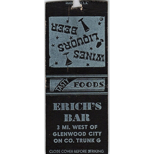 Erich's Bar Glenwood City Vintage Matchbook Cover SC7-Y5