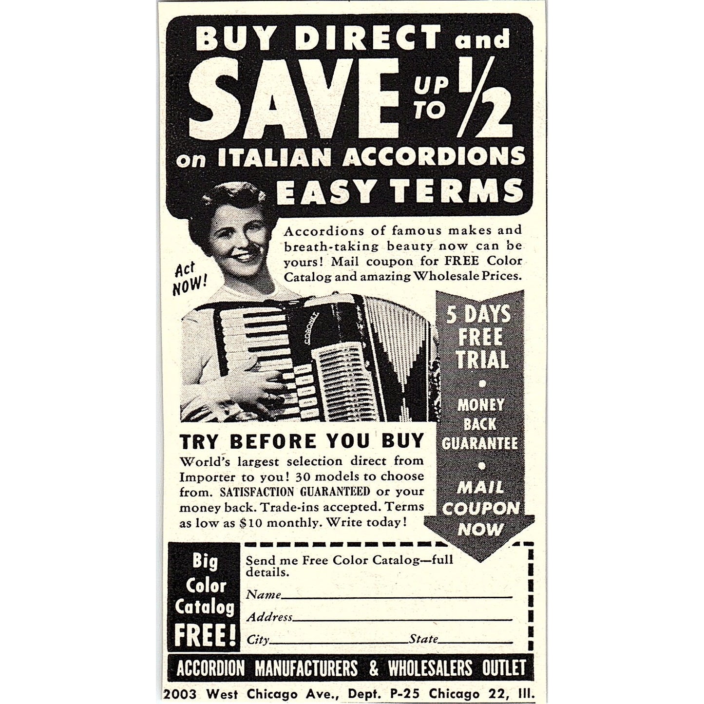 Accordion Manufacturers & Wholesalers Outlet Chicago IL 1955 Ad AF9-M2