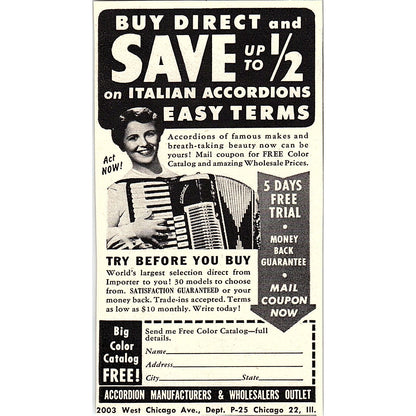 Accordion Manufacturers & Wholesalers Outlet Chicago IL 1955 Ad AF9-M2