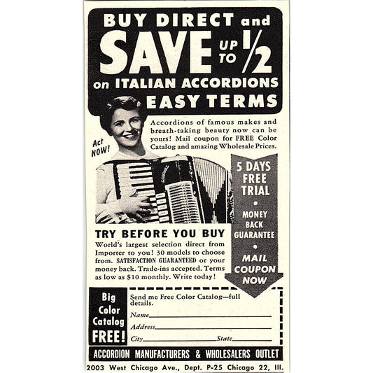 Accordion Manufacturers & Wholesalers Outlet Chicago IL 1955 Ad AF9-M2