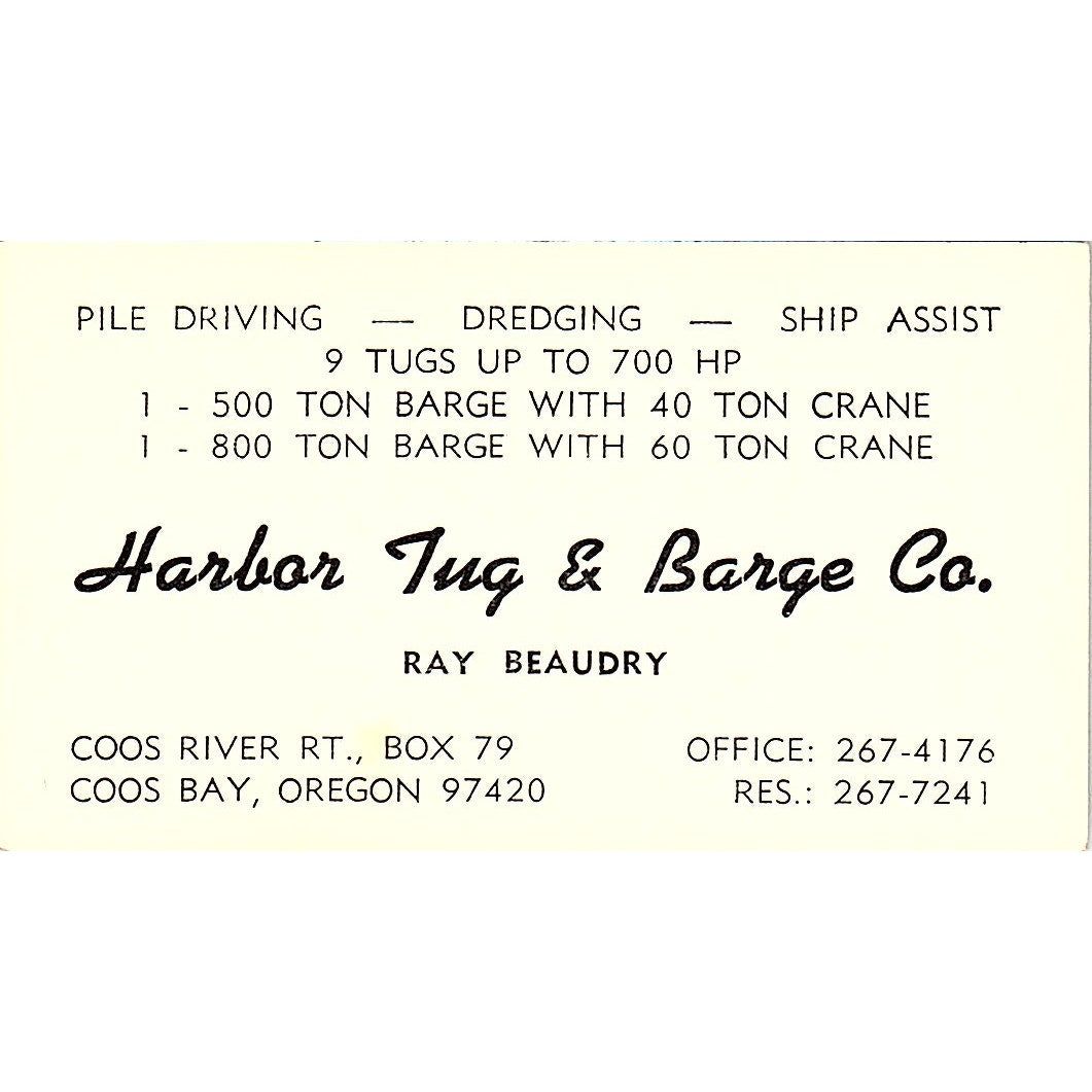 Ray Beaudry Harbor Tug & Barge Co Coos Bay OR Vintage Business Card SD9-B8