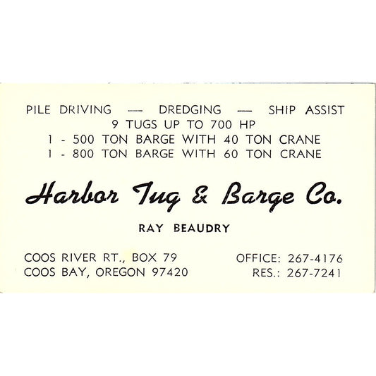 Ray Beaudry Harbor Tug & Barge Co Coos Bay OR Vintage Business Card SD9-B8