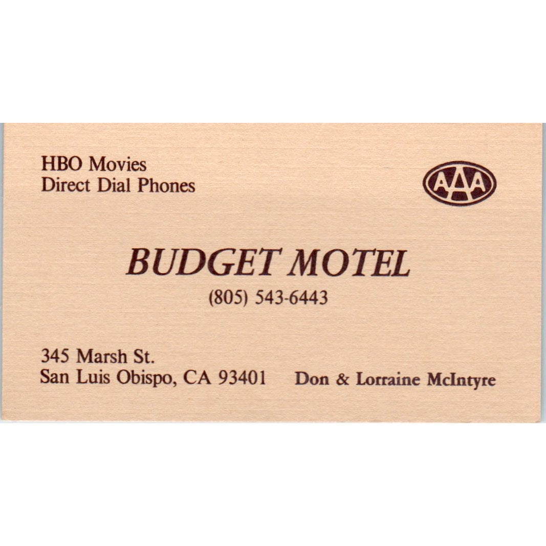 Don & Lorraine McIntyre Budget Motel San Luis Obispo Vtg Business Card SD8-B22