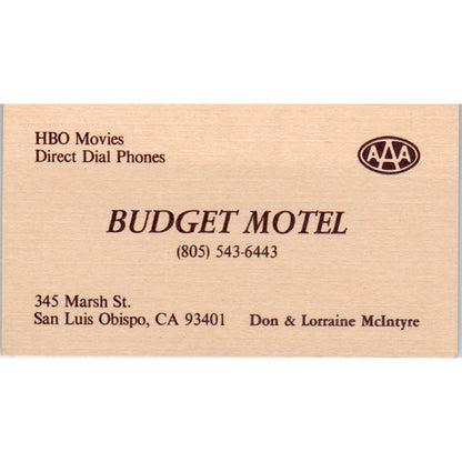 Don & Lorraine McIntyre Budget Motel San Luis Obispo Vtg Business Card SD8-B22