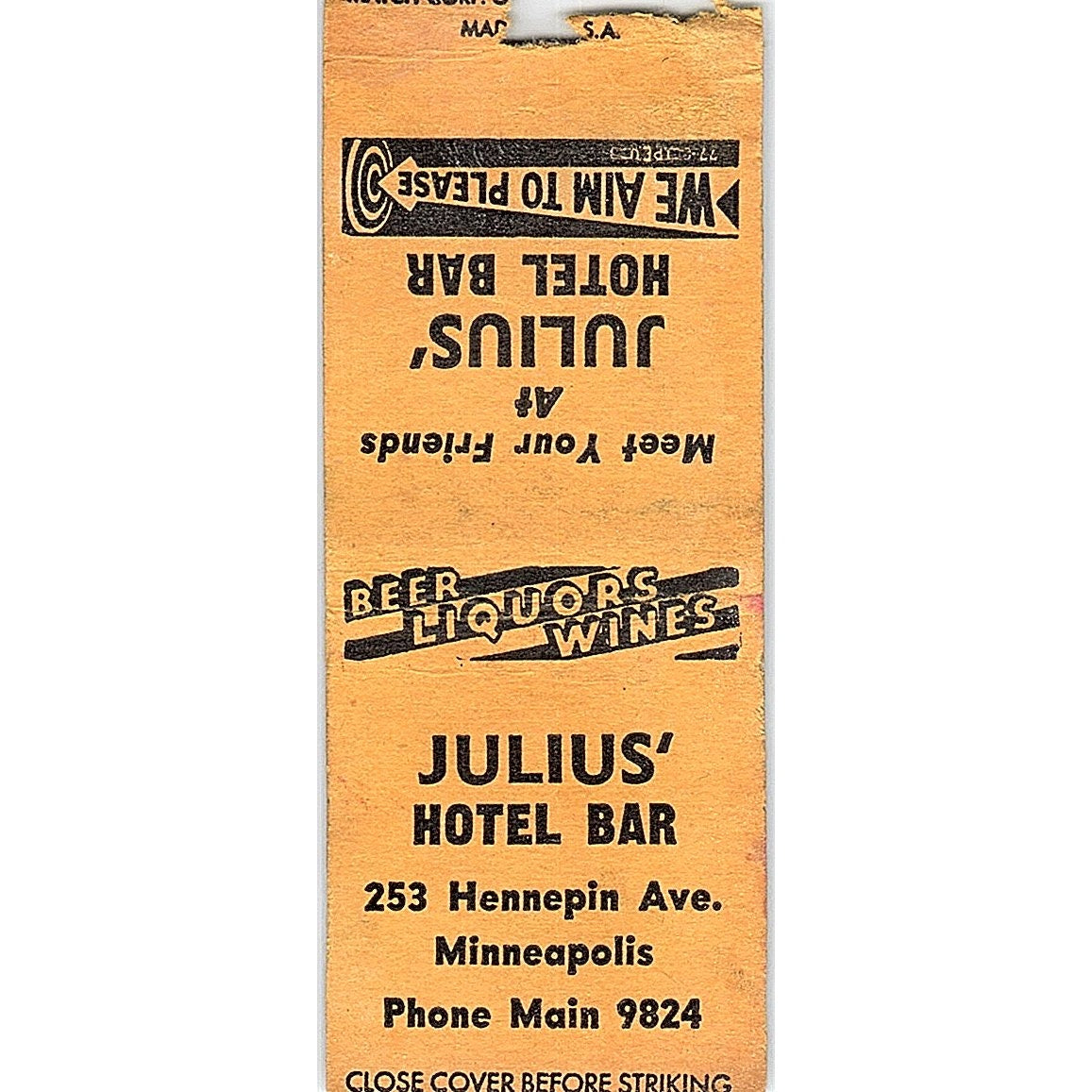 Julius' Hotel Bar Hennepin Ave Minneapolis Vintage Matchbook Cover SC7-Y4