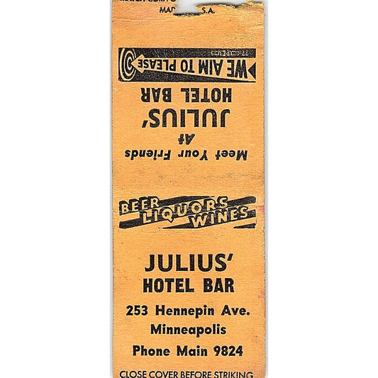 Julius' Hotel Bar Hennepin Ave Minneapolis Vintage Matchbook Cover SC7-Y4
