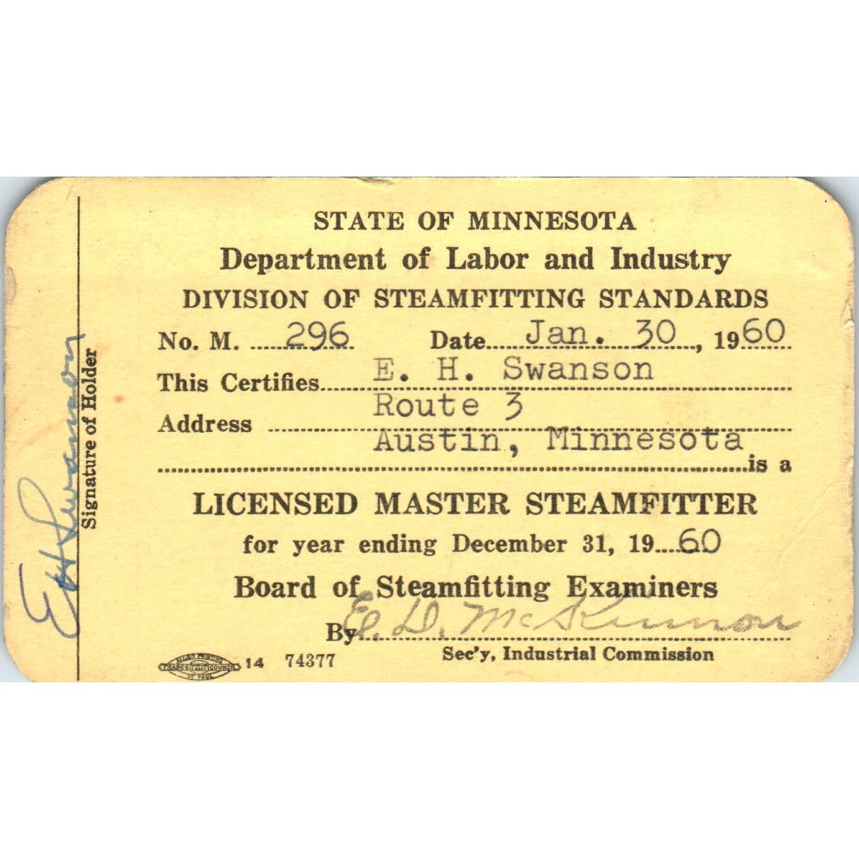 1960 Department of Labor Master Steamfitter Card E.H. Swanson Austin MN AD7