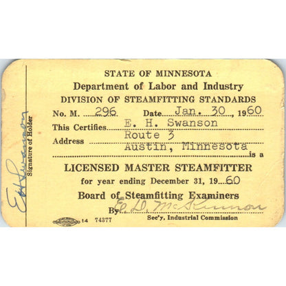 1960 Department of Labor Master Steamfitter Card E.H. Swanson Austin MN AD7