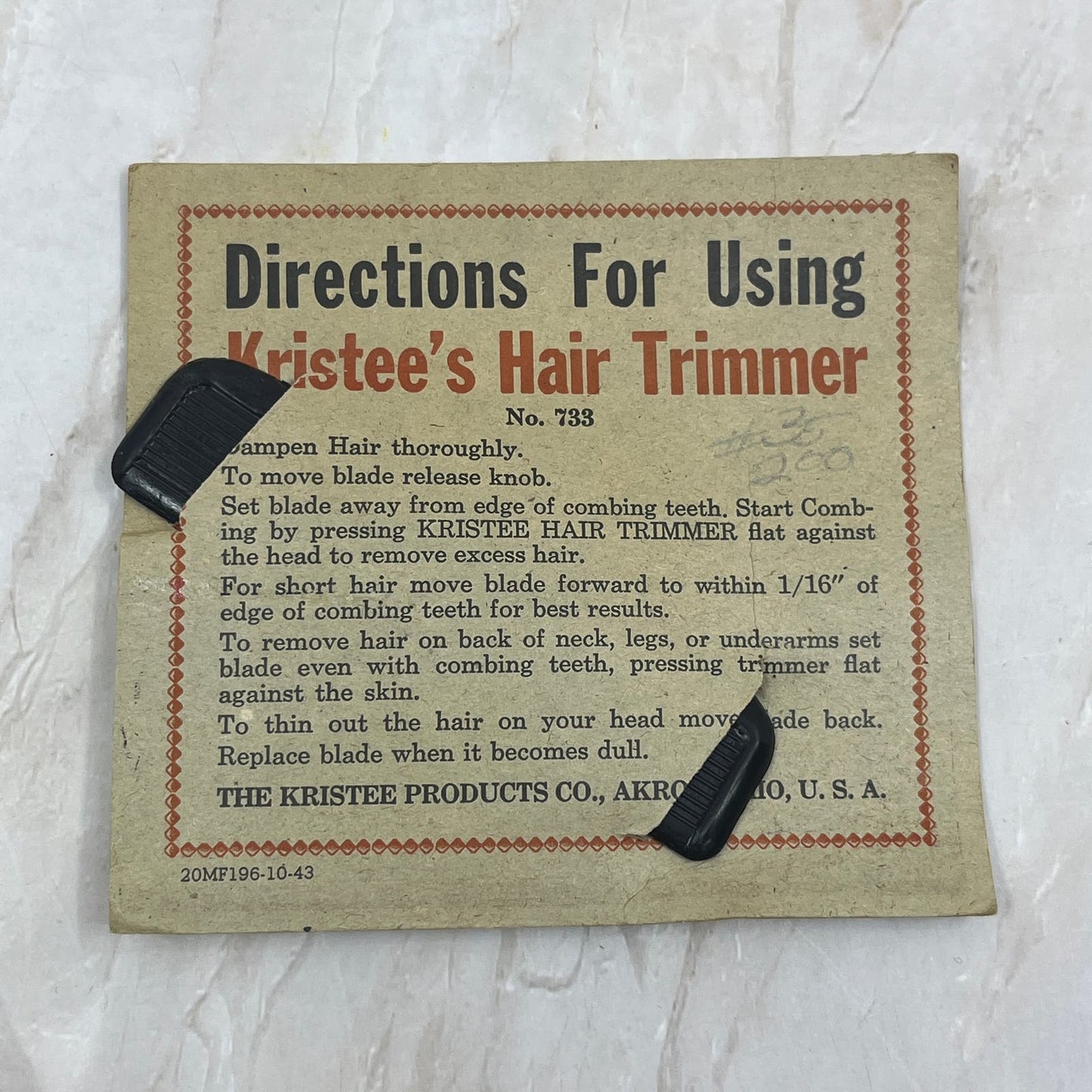 1943 Kristee's Hair Trimmer No. 733 Kristee Products Co Akron Ohio SB8