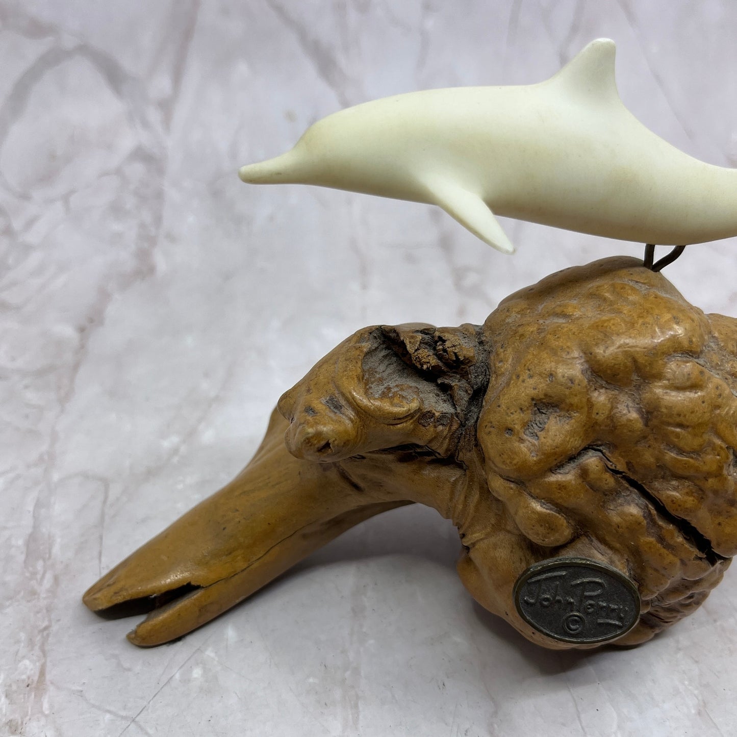 Vintage John Perry Studio Dolphin Burl Wood Art Sculpture Ocean 5x7" TF4