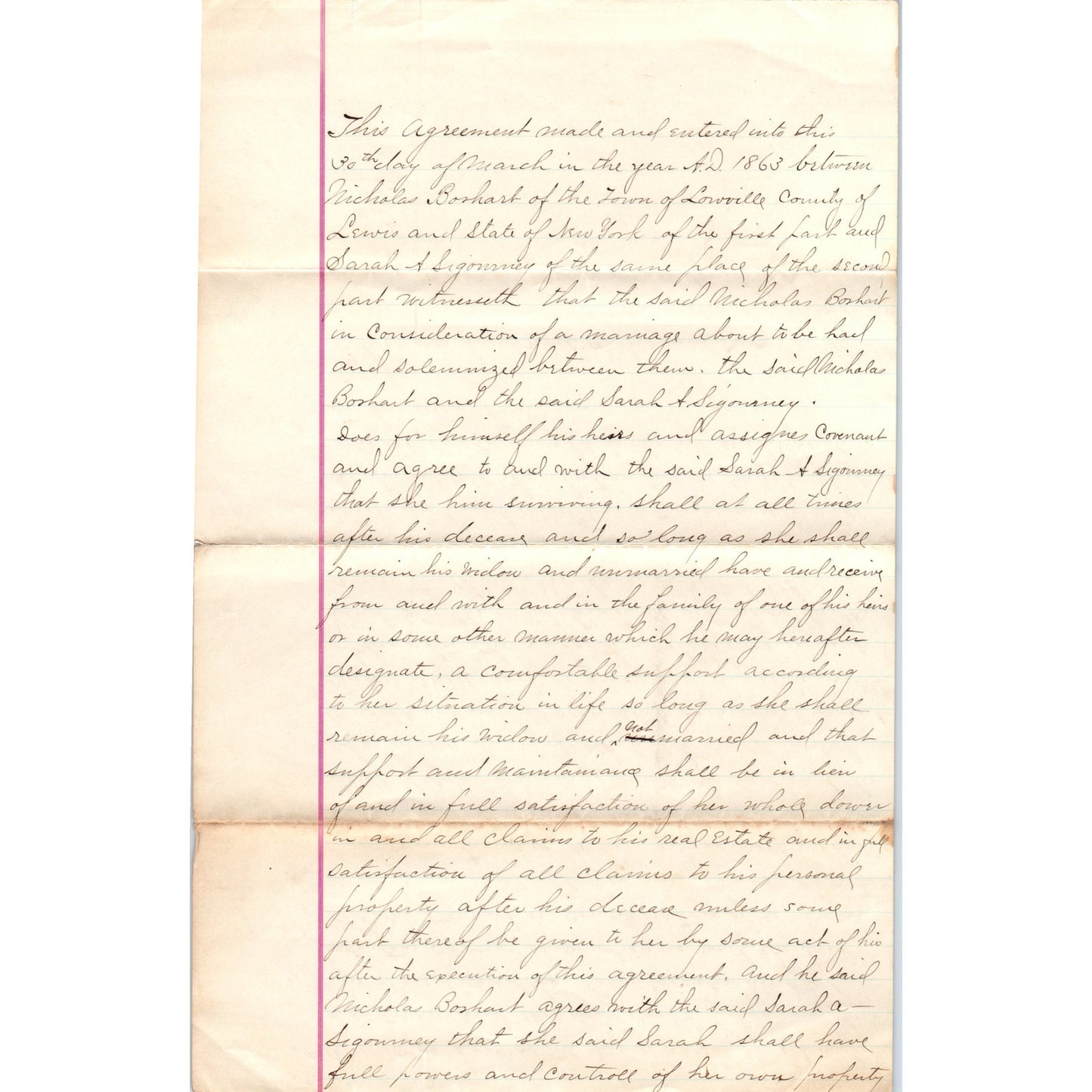 1863 Marriage Agreement Lowville NY Nicholas Borhart Sara A. Sigourney D23