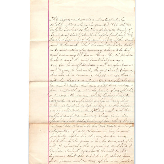 1863 Marriage Agreement Lowville NY Nicholas Borhart Sara A. Sigourney D23