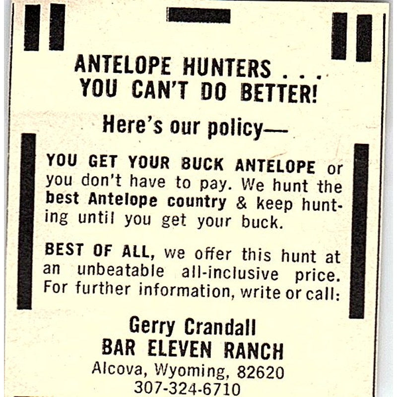 Bar Eleven Ranch Antelope Hunting Gerry Crandall Alcova WY 1977 Ad AF6-M3