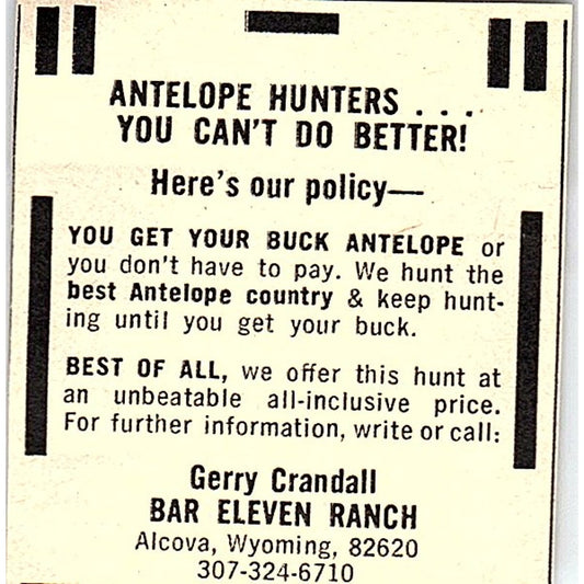 Bar Eleven Ranch Antelope Hunting Gerry Crandall Alcova WY 1977 Ad AF6-M3