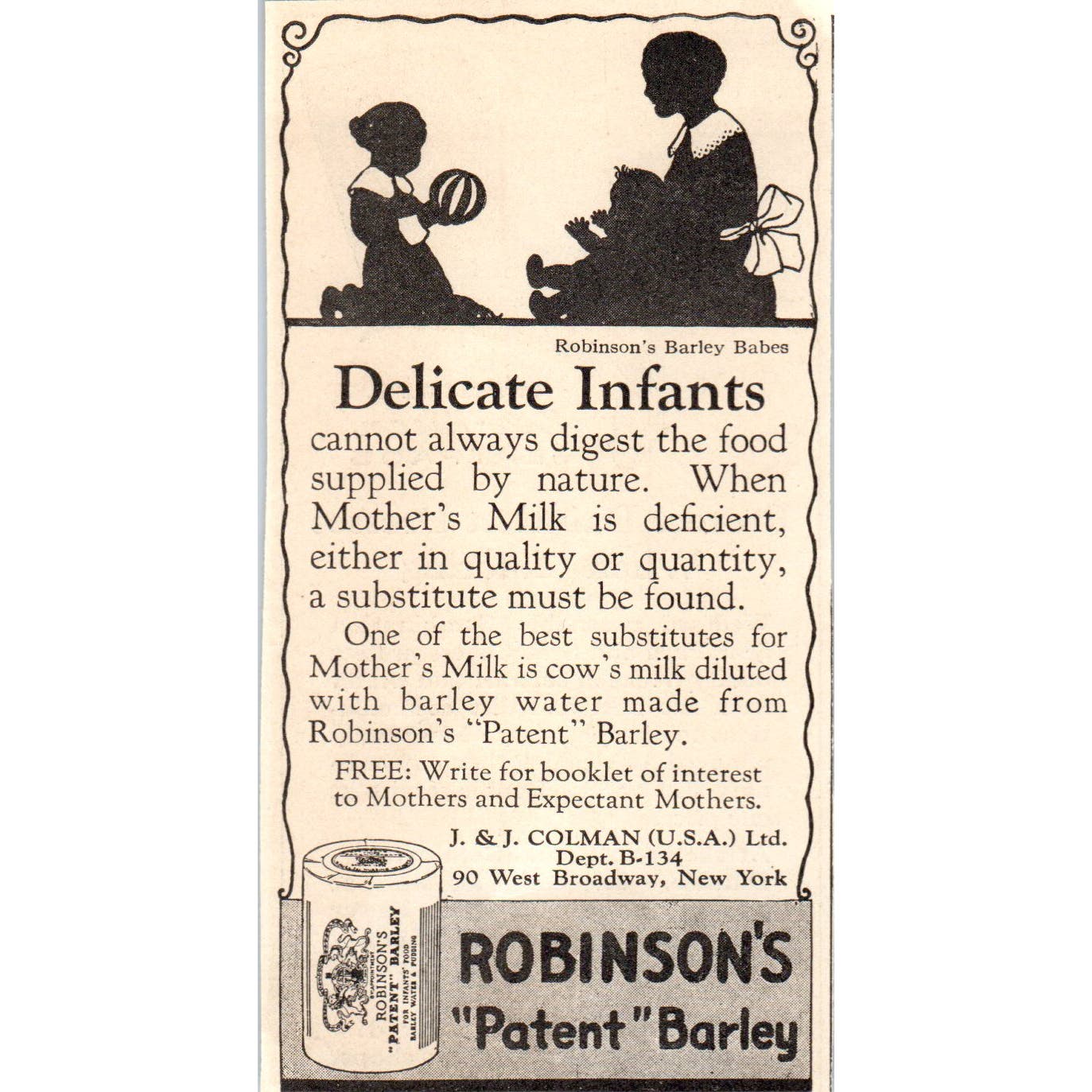 Robinson's Patent Barley J&J Coleman NY 1924 Magazine Ad AF7-LJ1