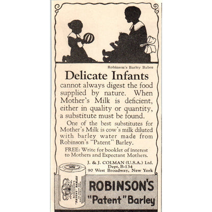 Robinson's Patent Barley J&J Coleman NY 1924 Magazine Ad AF7-LJ1