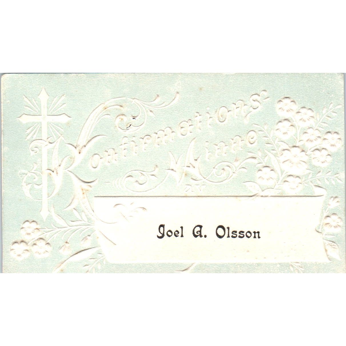Vintage Joel A. Olsson Konfirmations Minne Embossed Swedish Calling Card AE2