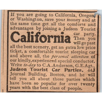 Judson Tourist Car Party Trips to California 1905 Magazine Ad AF1-NH3