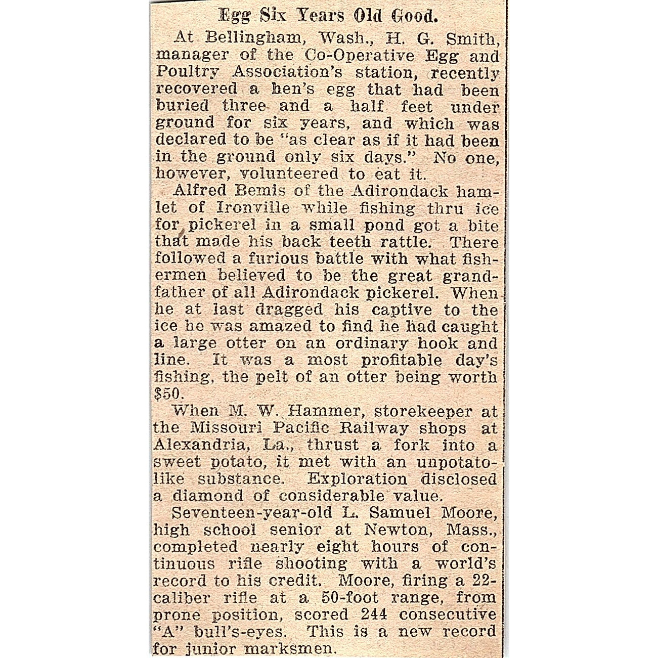 Six Year Old Egg Found Good - H.G. Smith Bellingham WA 1926 Article AG3-M2