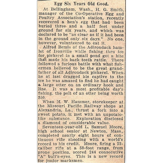Six Year Old Egg Found Good - H.G. Smith Bellingham WA 1926 Article AG3-M2