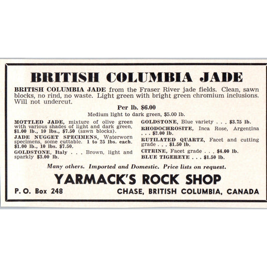 Yarmack's Rock Shop Chase British Columbia Canada 1964 Magazine Ad AB6-M3