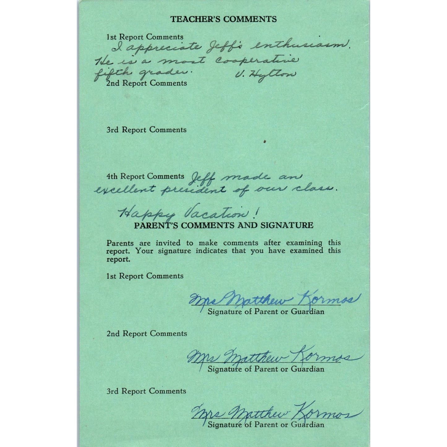 1956-57 Fresno City Schools Fresno CA Report Card Jeffrey Kormos Grade 6 AB9