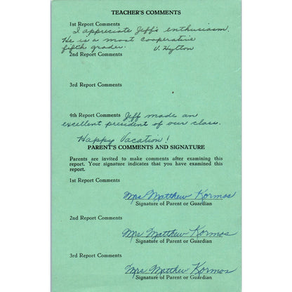 1956-57 Fresno City Schools Fresno CA Report Card Jeffrey Kormos Grade 6 AB9