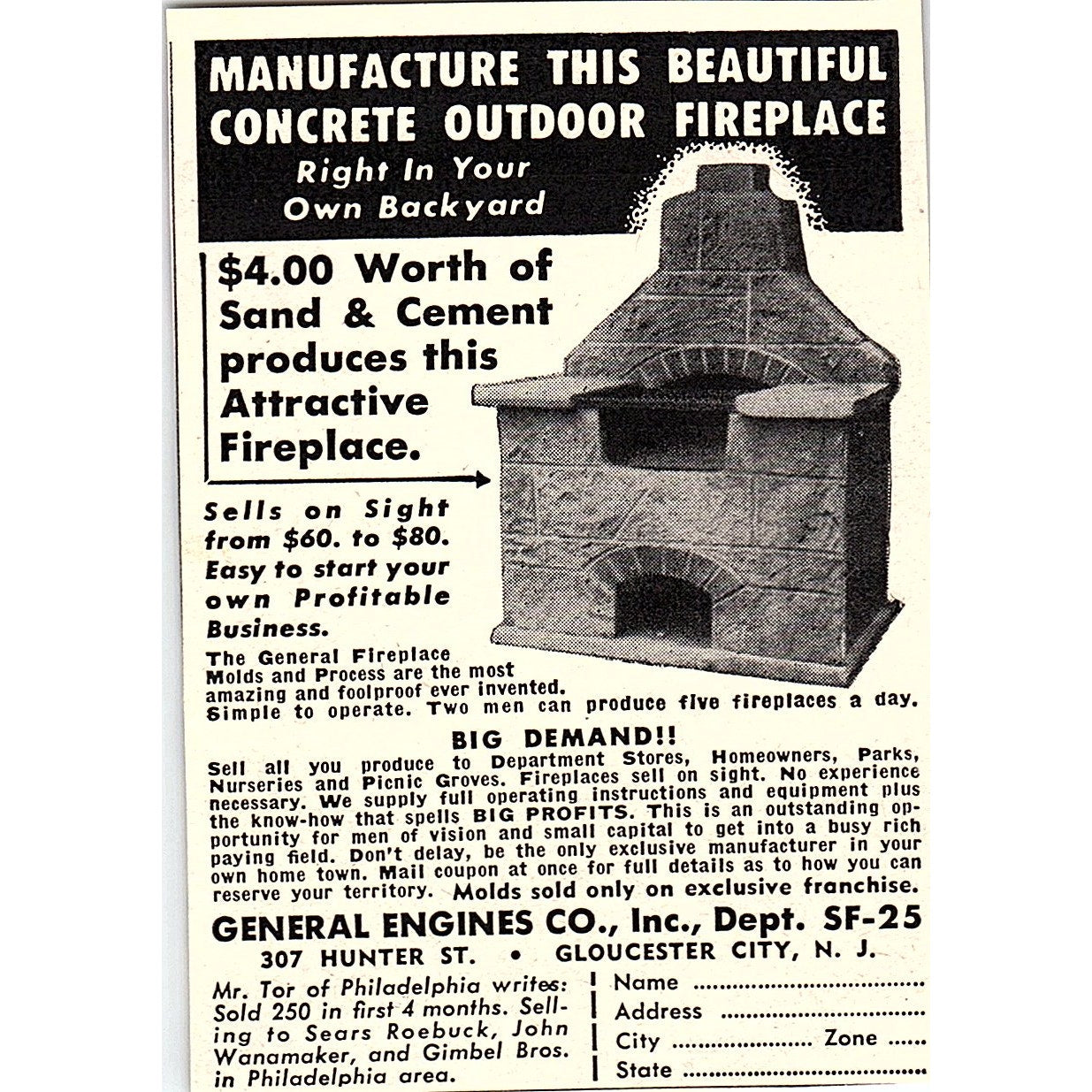 Concrete Outdoor Fireplace General Engines Co Gloucester City NJ 1955 Ad AF9-M1