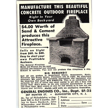 Concrete Outdoor Fireplace General Engines Co Gloucester City NJ 1955 Ad AF9-M1