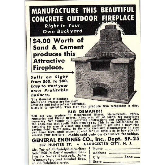 Concrete Outdoor Fireplace General Engines Co Gloucester City NJ 1955 Ad AF9-M1