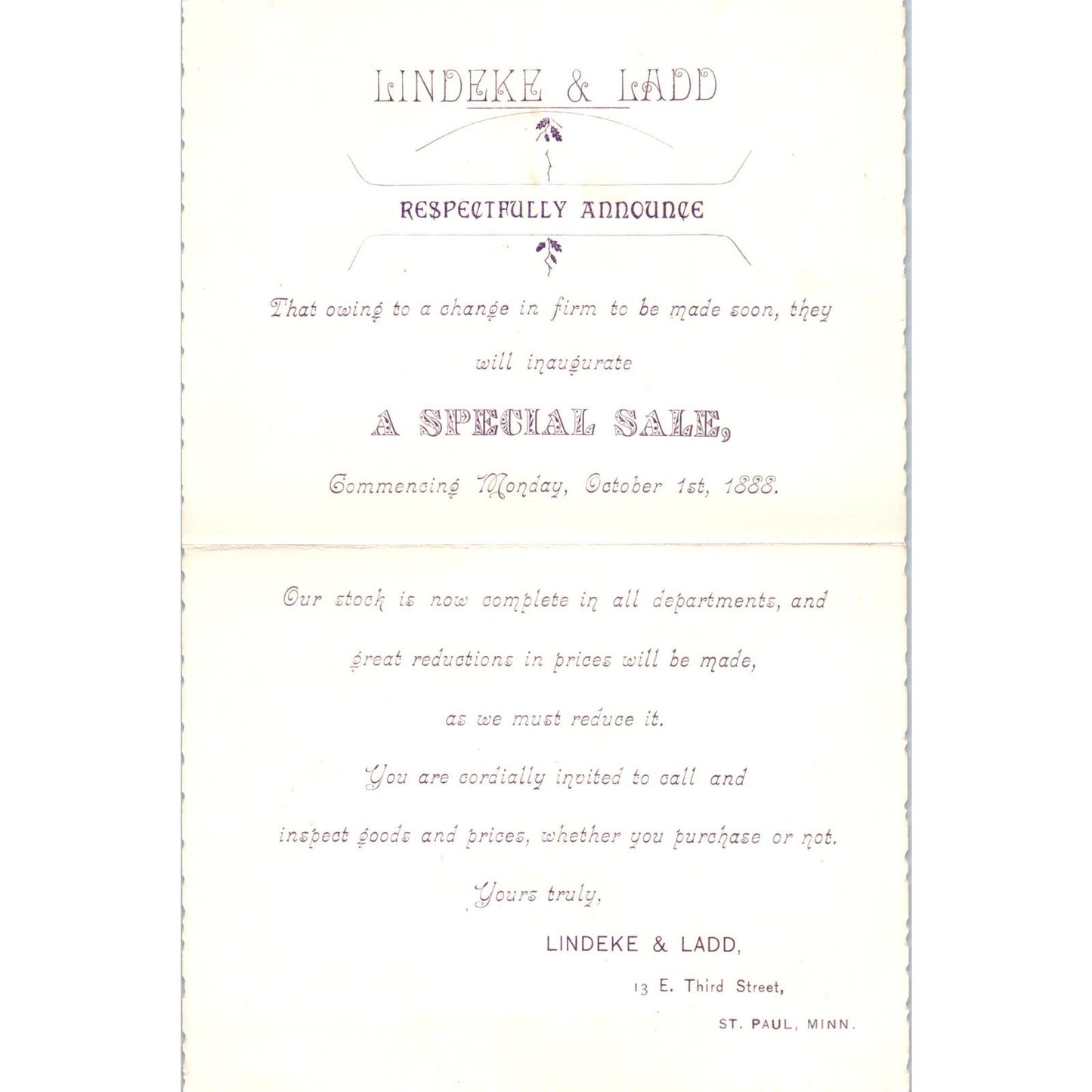 1888 Lindeke & Ladd Sale Advertisement Card 3rd Street St. Paul MN Die Cut AE2