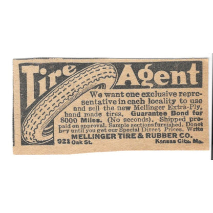 Mellinger Tire & Rubber Co Tire Agent Kansas City MO 1920 Ad AG2-S8