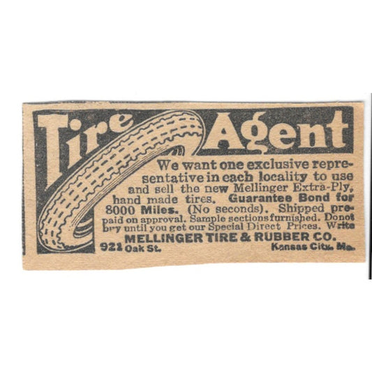 Mellinger Tire & Rubber Co Tire Agent Kansas City MO 1920 Ad AG2-S8